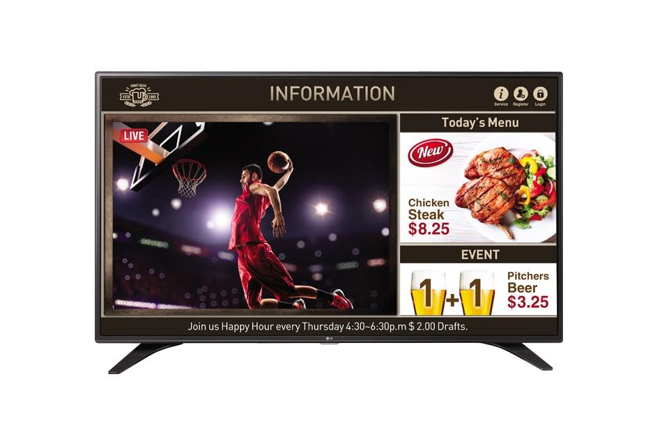 Pantalla comercial con menú y deportes en vivo